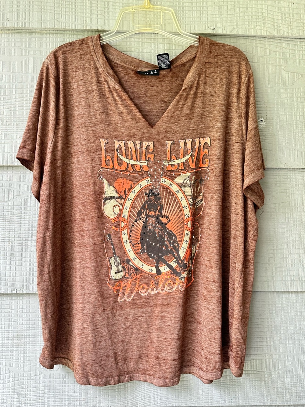 Joei & I "Long Live Western"  Cowgirl Graphic Embelushed V-neck Shirt ~ 2X